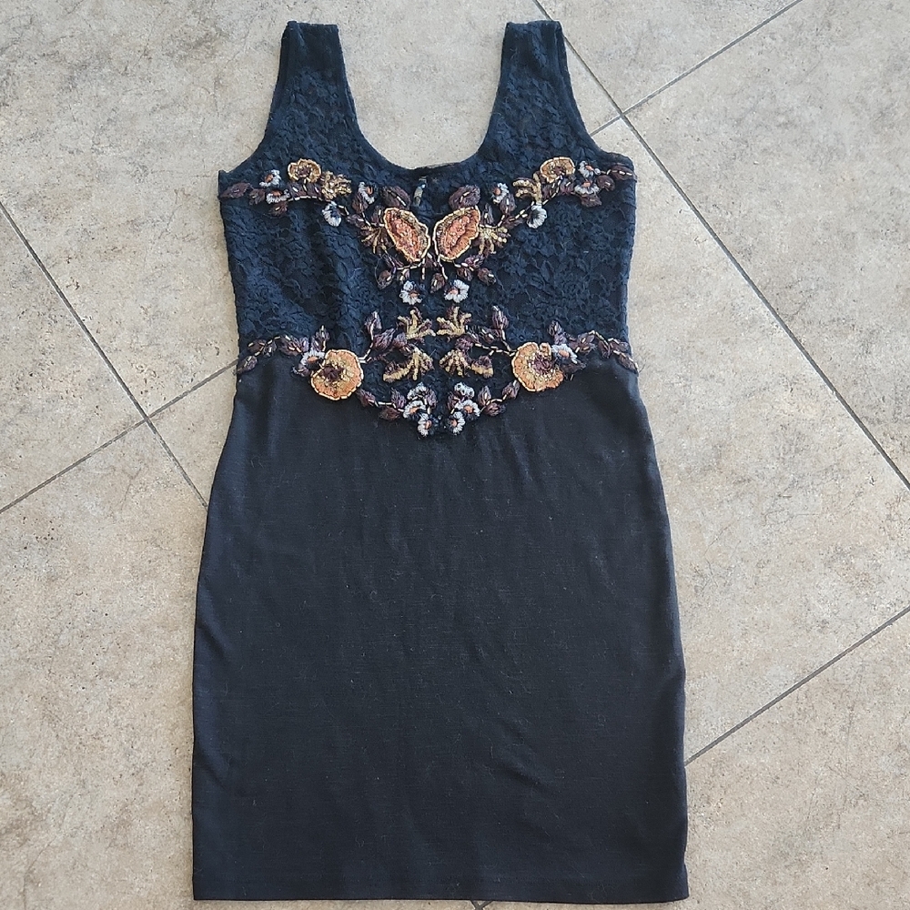 Free People Navy and Bronze Embroidered Mini Dress